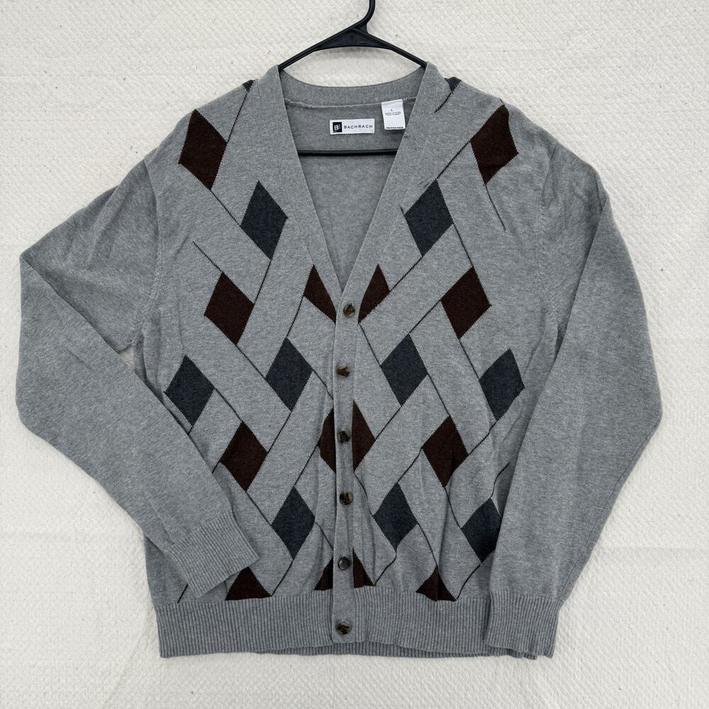 Vintage Bachrach Mens Argyle Knit Grandpacore Cardigan Sweater Size L Geometric